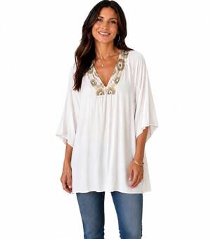 Tamara Catz Maui mbroidered Tunic Top XS White Gold Boho Flutter Sleeve Blouse